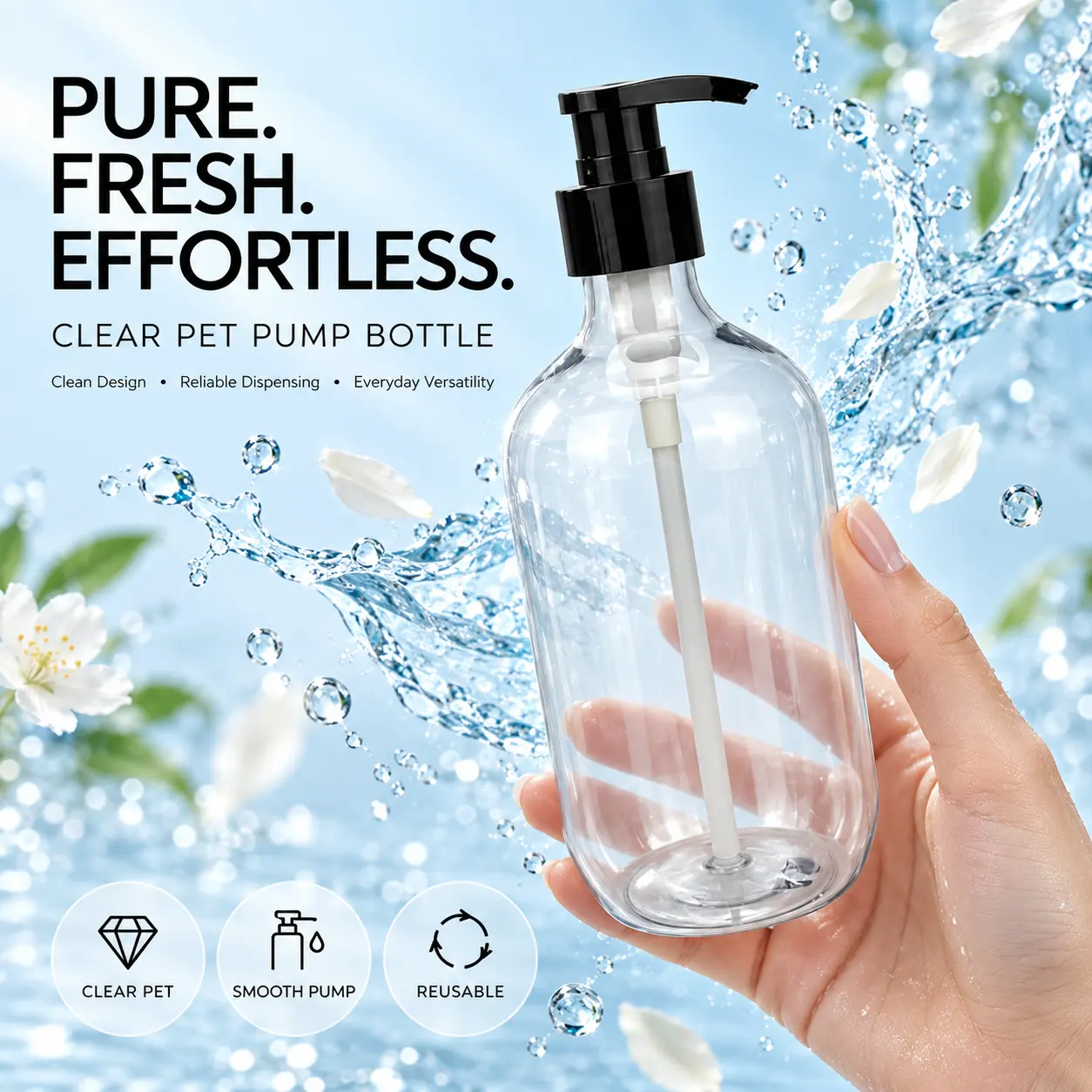 500ml clear high‑neck cylindrical PET bottle with black pump, plastic liquid container for body wash household care products