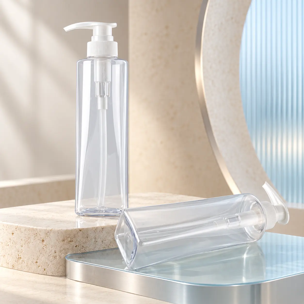 480ml transparent square PET plastic lotion pump bottle with white pump head, empty refillable bottle for shampoo, body wash and spa