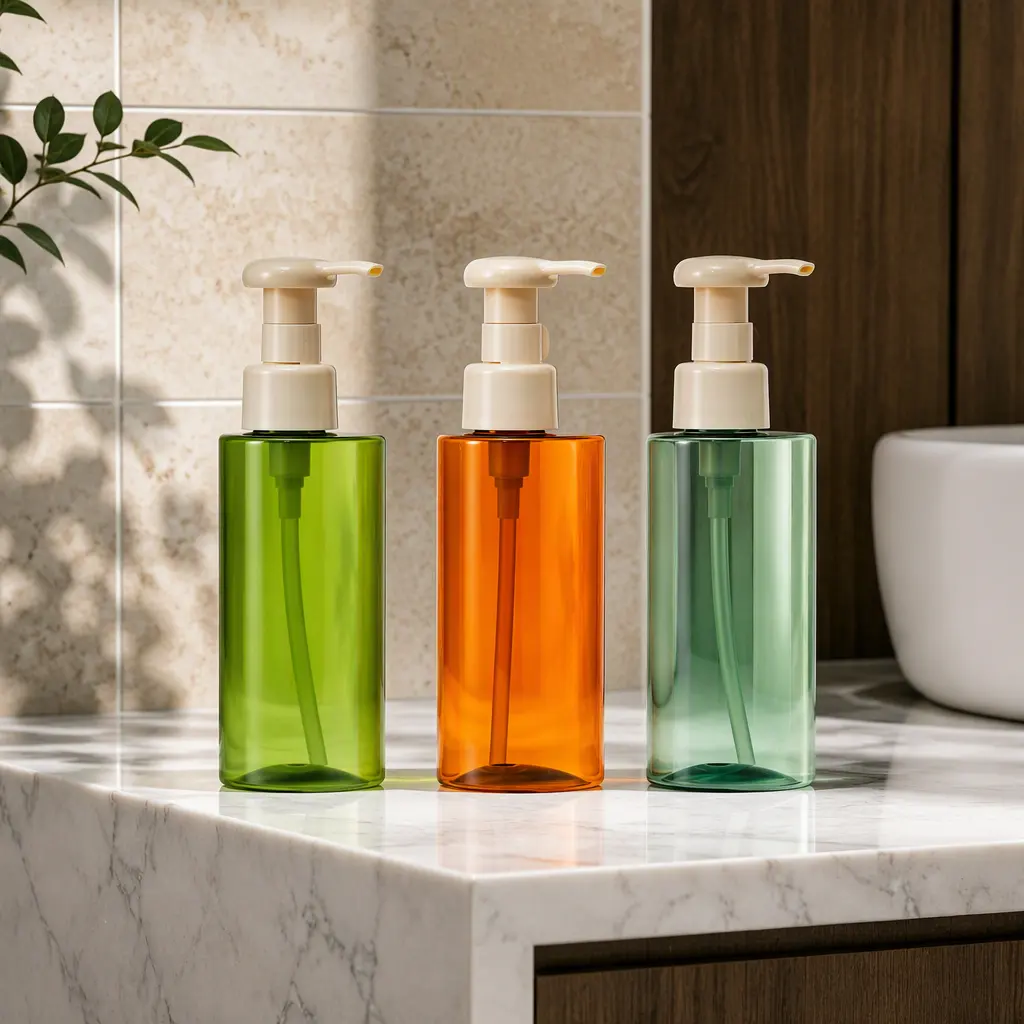 Green PET plastic pump bottle, refillable cosmetic dispenser bottle, custom color plastic bottle for body lotion, makeup remover oil and hand wash