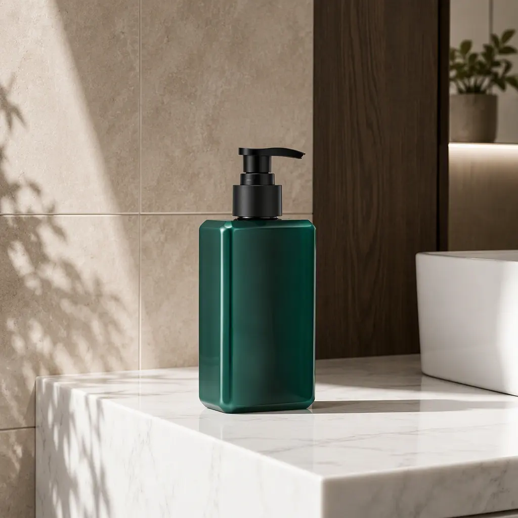 300ml flat square PET pump bottle, dark green cosmetic container, custom logo packaging for shampoo and body wash