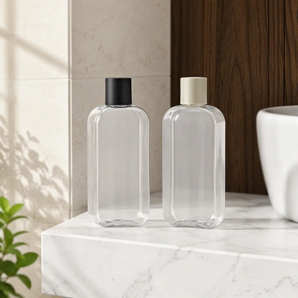225ml clear flat square PET lotion bottle, empty cosmetic container with black screw cap for skincare liquid custom logo