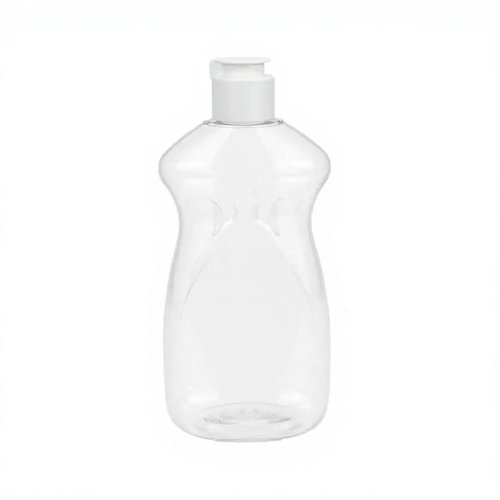Empty 300ml clear special‑shape PET dish soap bottle, white flip‑top cap, custom logo household detergent packaging bottle