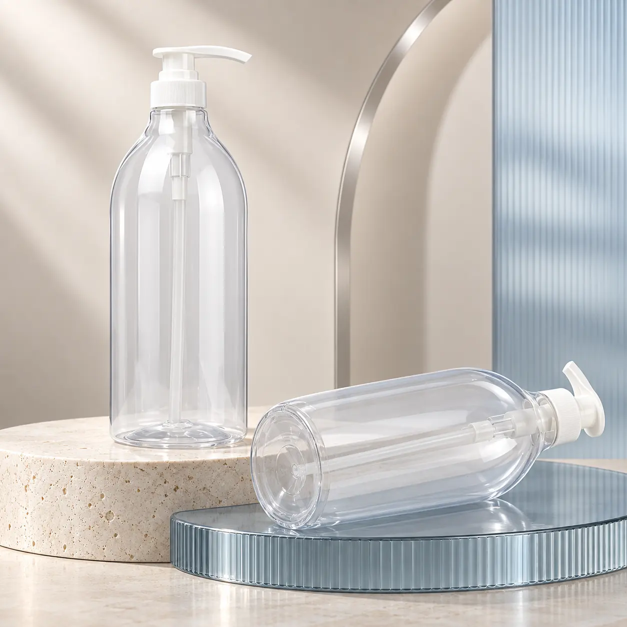 1000ml transparent large capacity Boston round PET plastic lotion pump bottle with white pump head for shampoo and conditioner