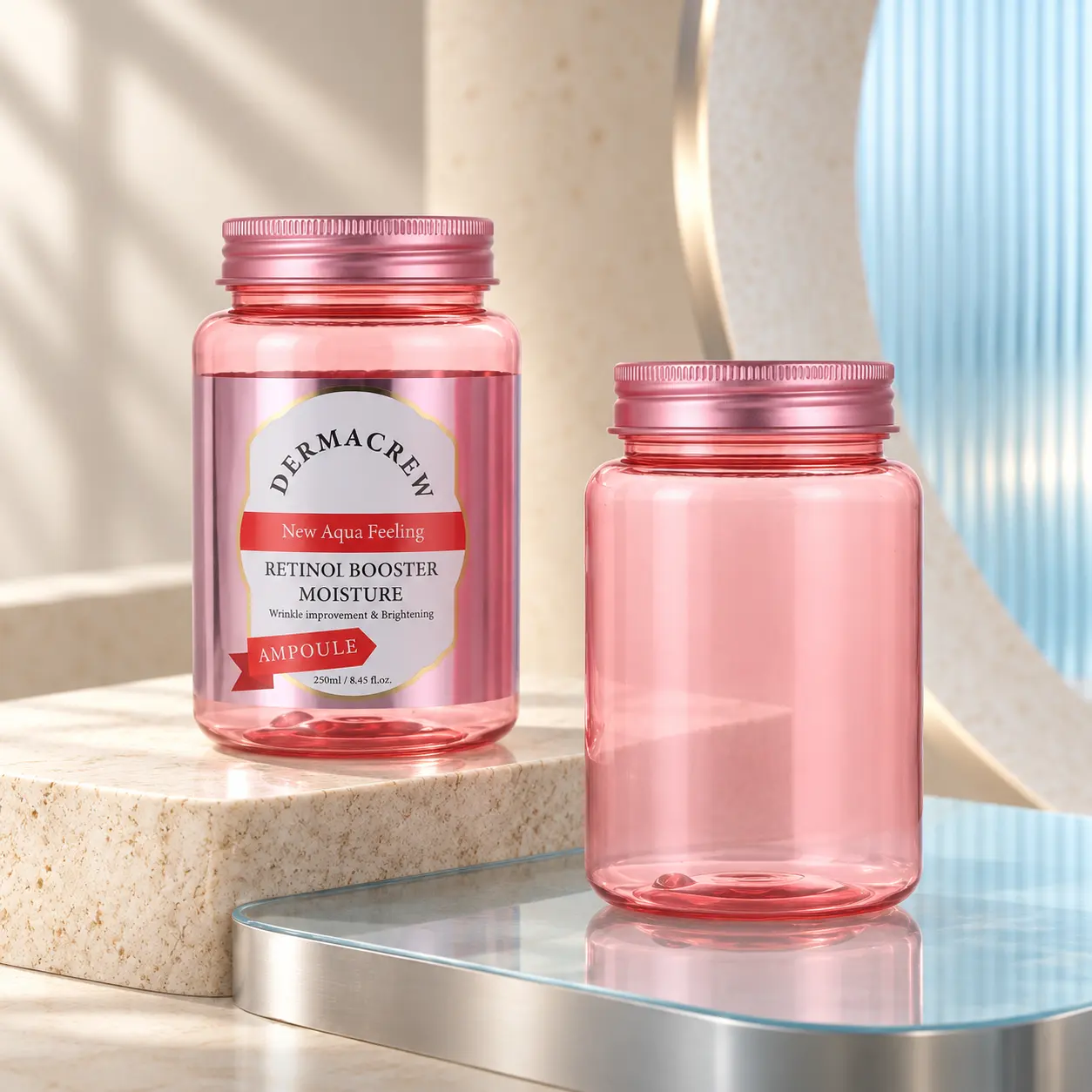 250g pink transparent plastic cosmetic cream jar with rose gold metal screw lid, empty refillable jar for hair and body cream