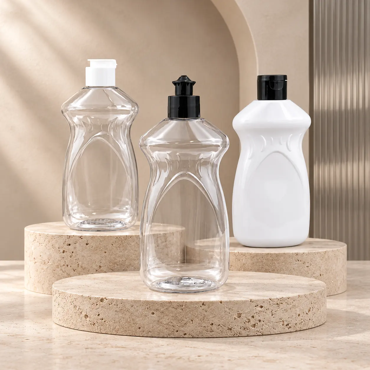 300ml clear ergonomic plastic bottle with black push cap, empty bottle for kitchen dish soap