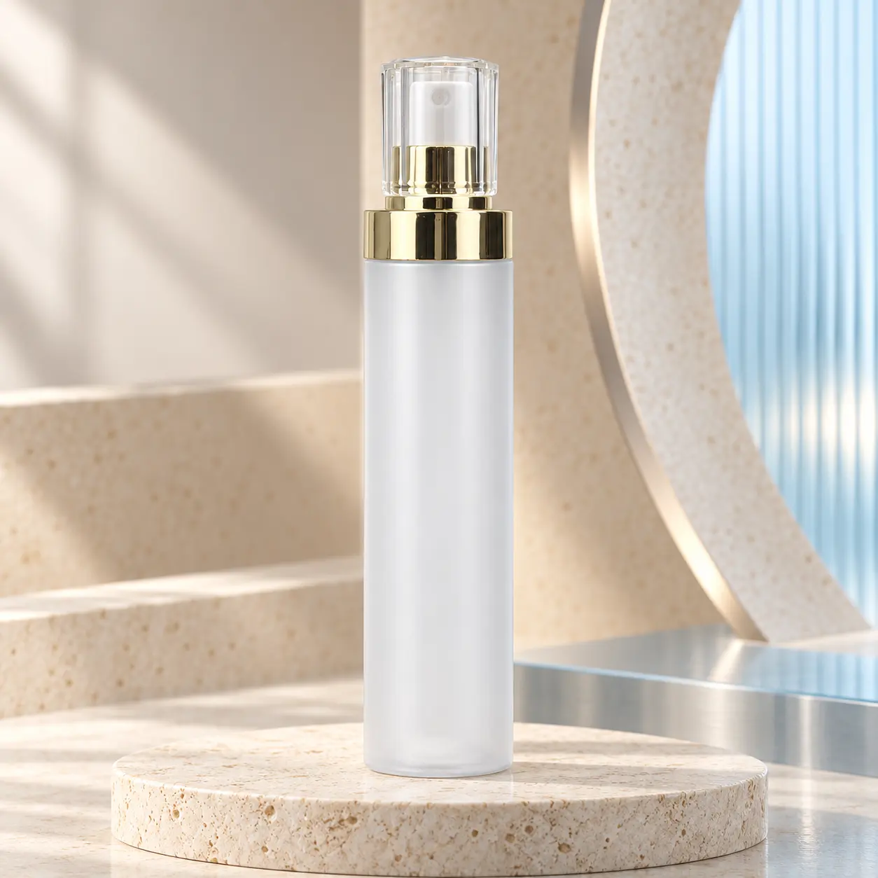 150ml frosted slim PET plastic spray bottle with tall gold cap and fine mist spray function for setting spray and makeup water