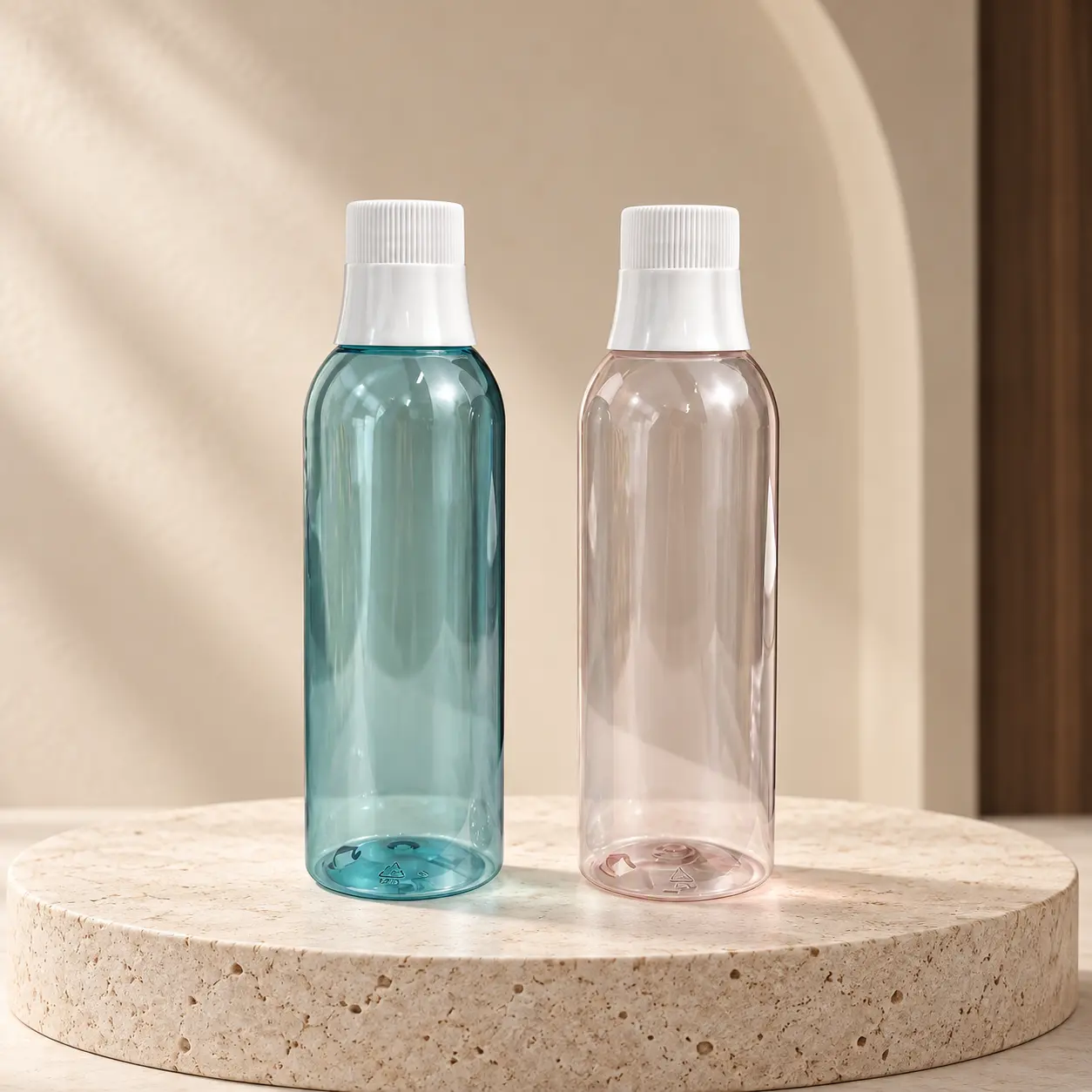 300ml round translucent purple grey plastic lotion bottle with white ribbed cap, for mouthwash, skincare serum and face cream