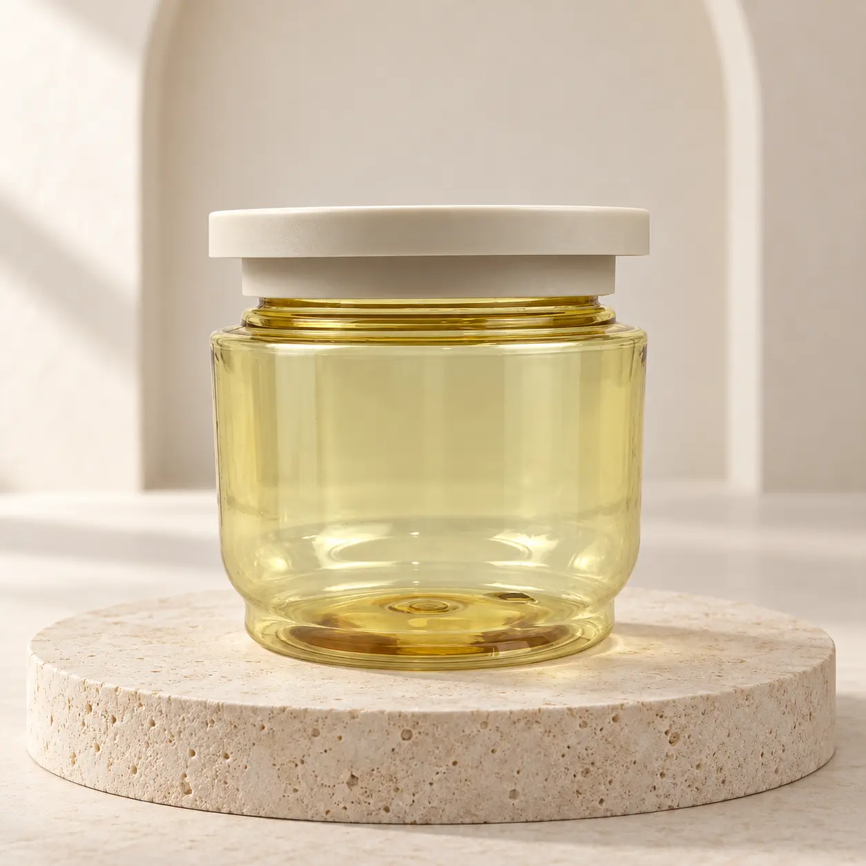 250g amber tapered plastic cosmetic cream jar with off-white round disc lid, for hair cream and body cream packaging