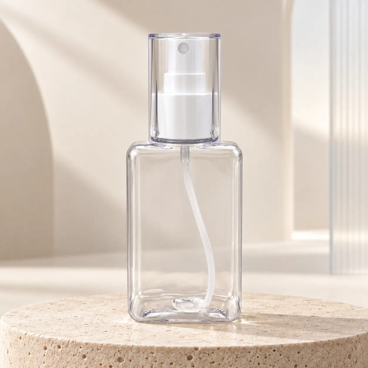 100ml clear square PET plastic bottle with silver ring and transparent cap, for toner and hair mist spray