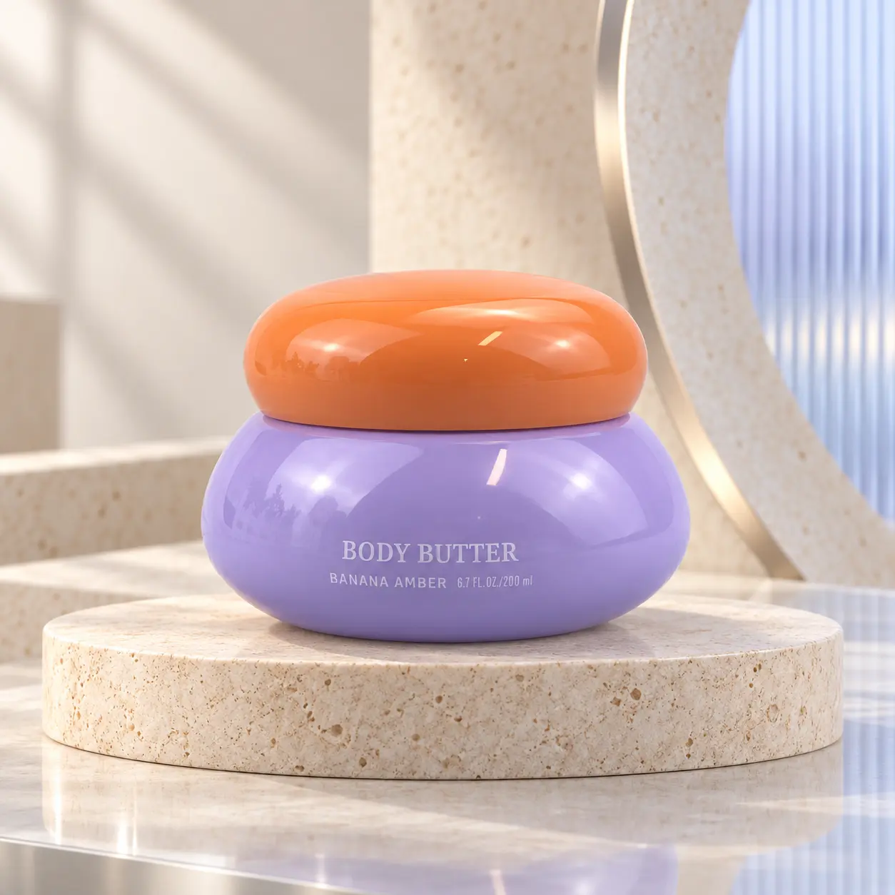 200ml lavender glossy plastic jar with orange mushroom cap, empty refillable jar for body cream and body scrub