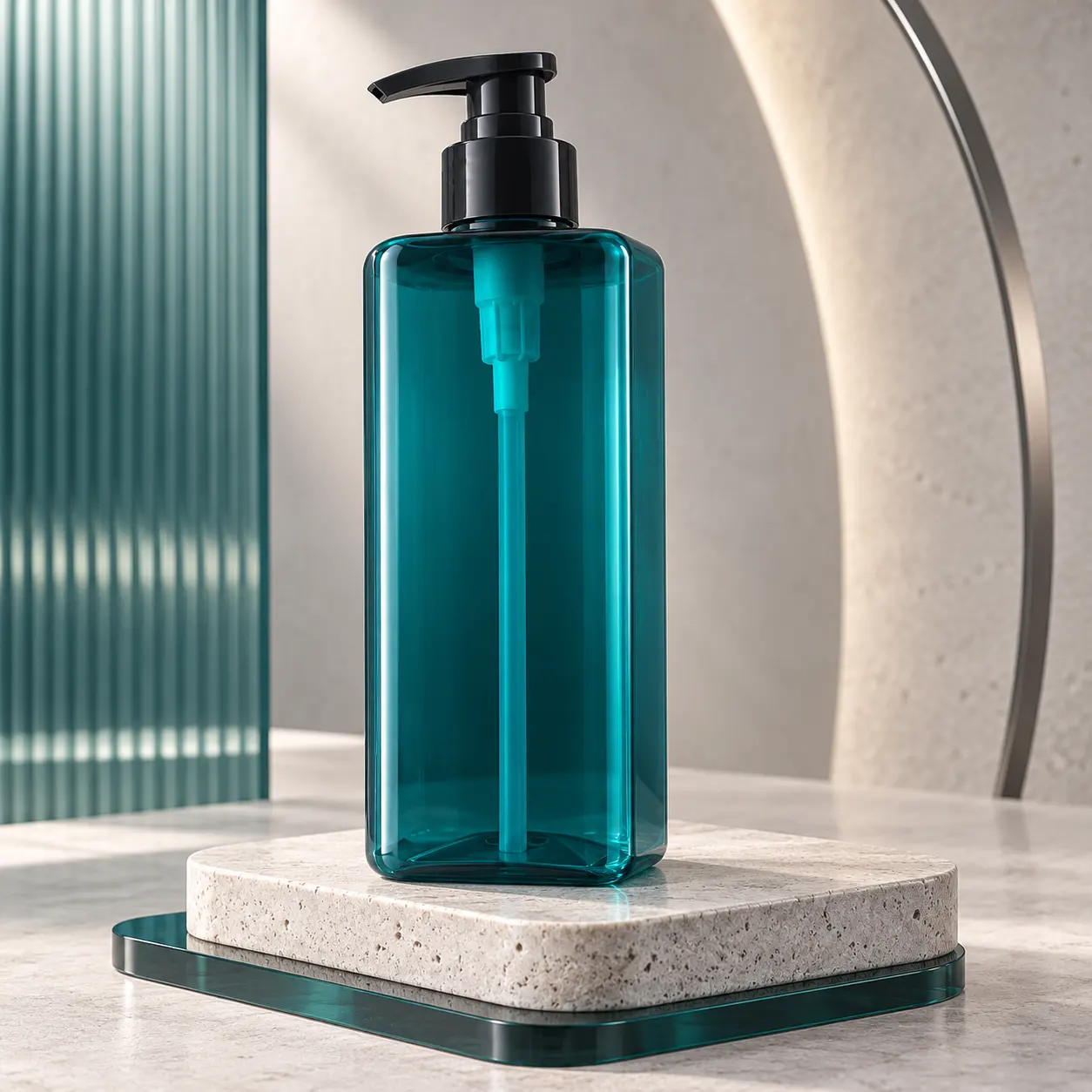 400ml green square PET plastic luxury cosmetic lotion pump bottle with black pump head, empty bottle for body wash and shower gel