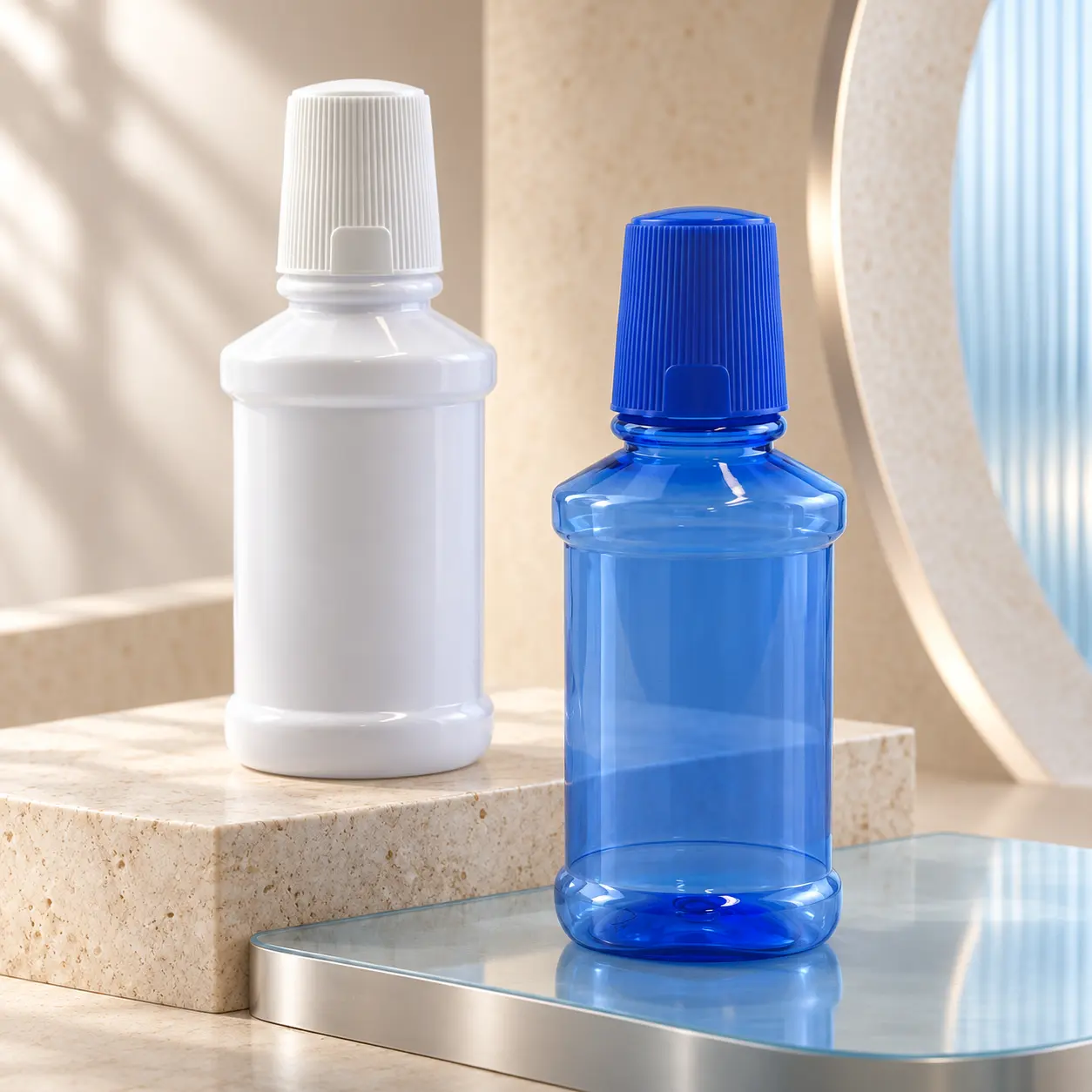 250ml blue transparent PET plastic mouthwash bottle with measuring cup cap, empty bottle for oral care and mouthwash