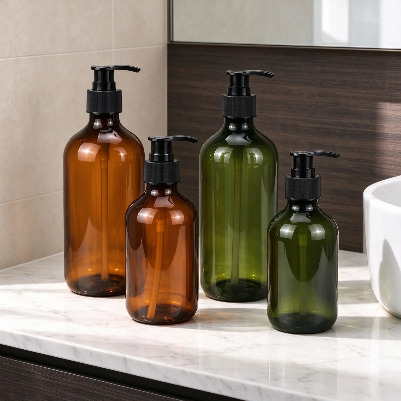 eco leak-proof amber plastic lotion bottle 200ml 300ml 500ml, refillable press container for body wash and skincare