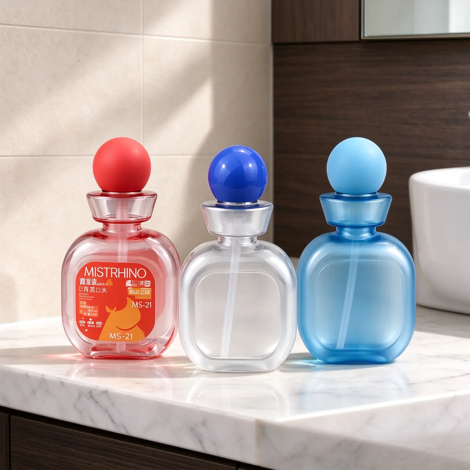 200ml flat clear PET empty measuring mouthwash bottle with pearl blue ball cap for oral care mouthwash