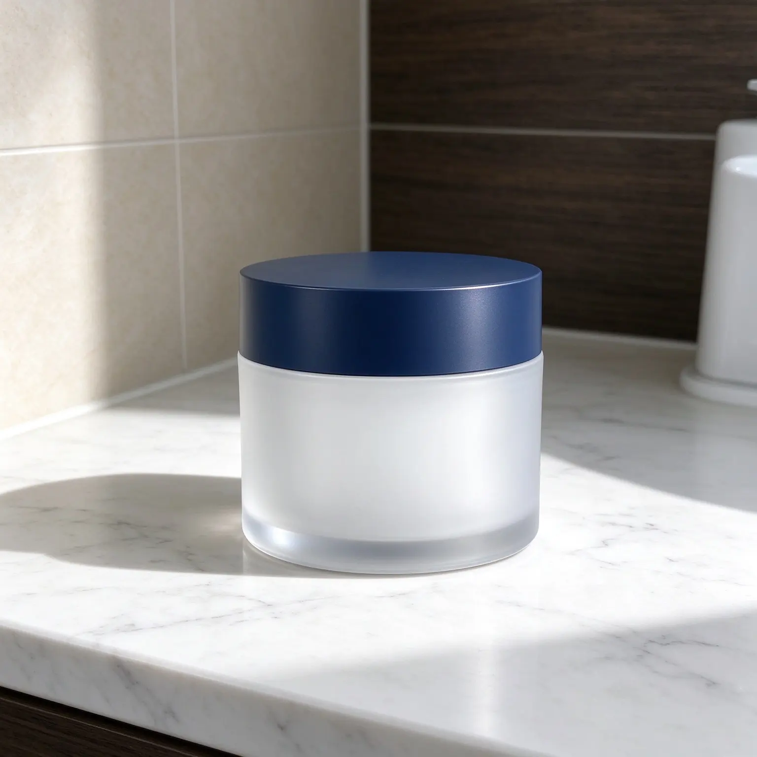 50g matte frosted plastic cosmetic cream jar with dark blue screw lid, refillable jar for face cream and body cream