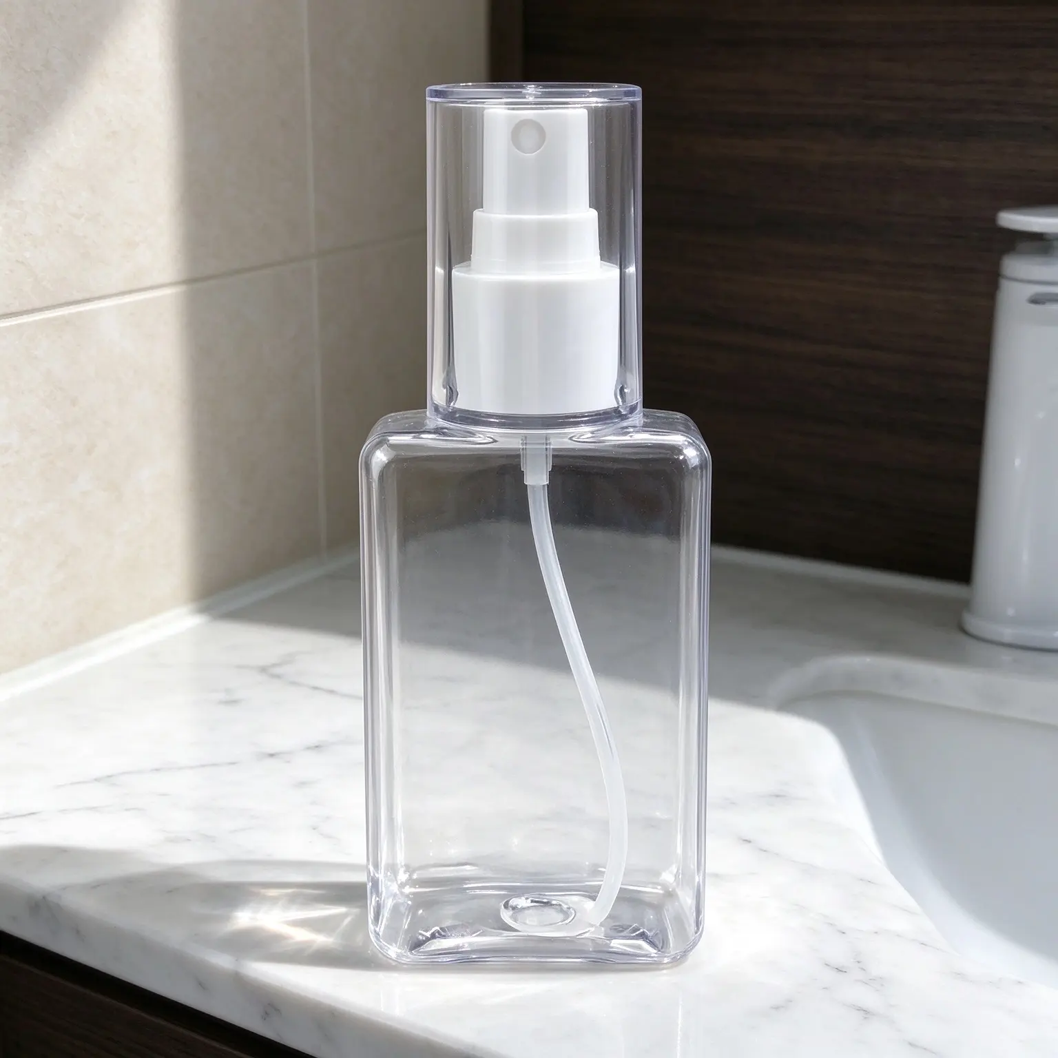 100ml clear square PET plastic bottle features a sleek silver ring and a transparent cap, combining a modern geometric silhouette