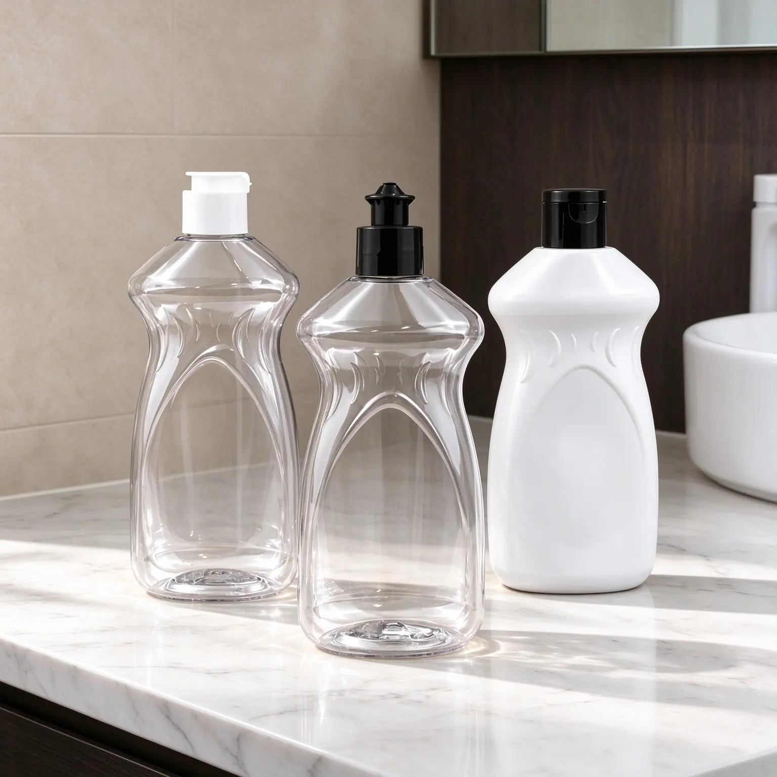 300ml clear ergonomic plastic bottle with black push cap, empty bottle for kitchen dish soap