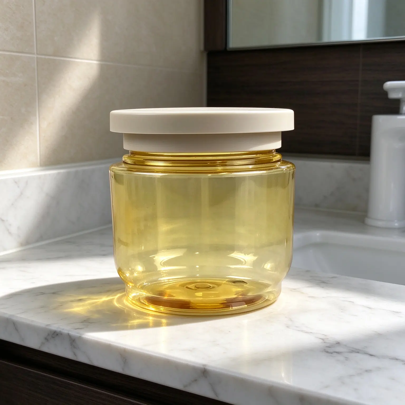 250g amber tapered plastic cosmetic cream jar with off-white round disc lid, for hair cream and body cream packaging