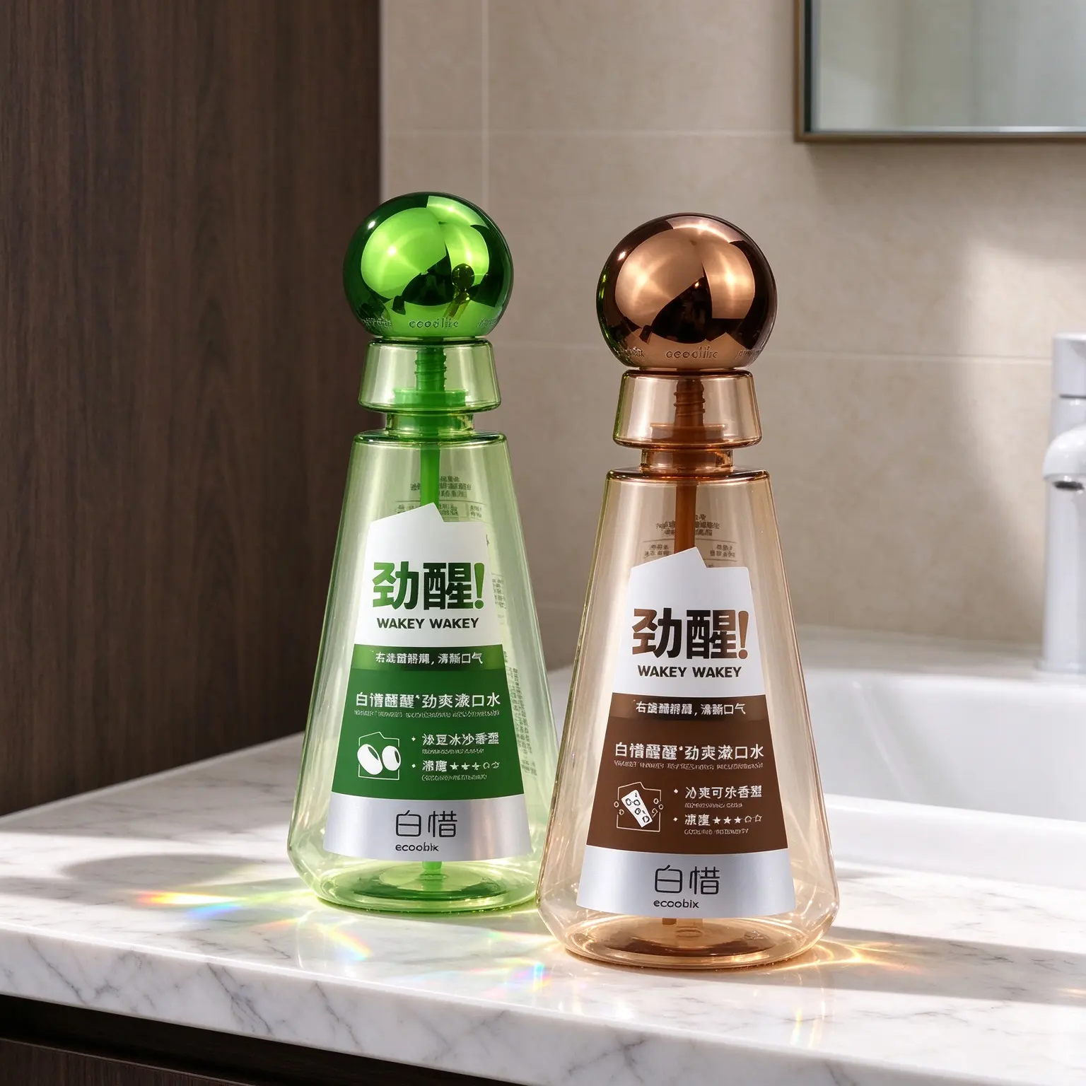 410ml brown transparent PET empty measuring mouthwash bottle with bronze ball cap, oral care packaging