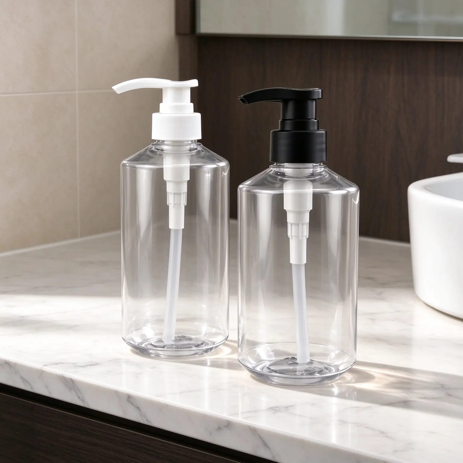 body wash pump bottle 500ml clear PET bottle features a unique slanted shoulder and slanted base design, paired with a practical black head.