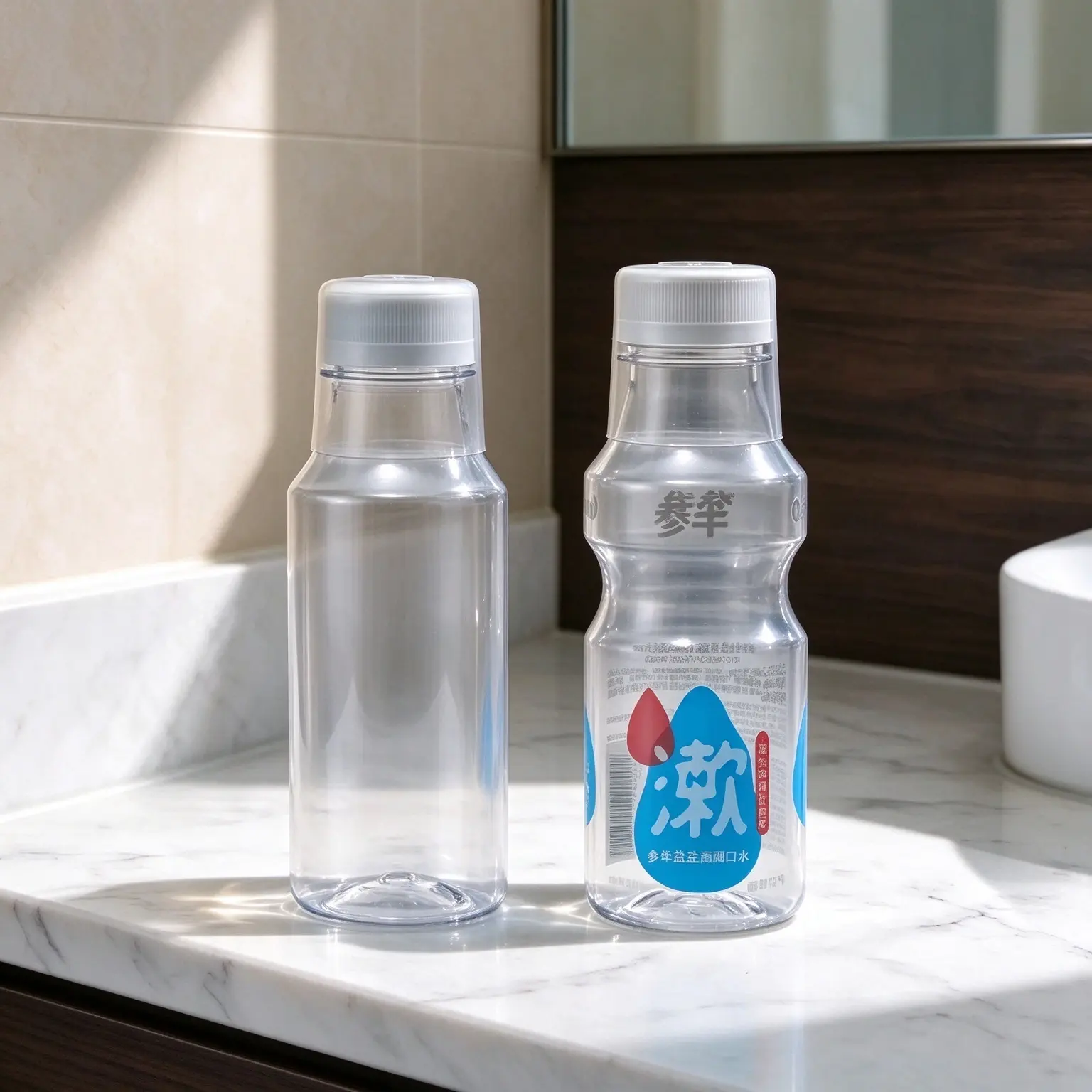 small clear transparent PET mouthwash bottle with waist curve design and clear screw cap, small travel size empty oral care liquid container, plain white background product photo
